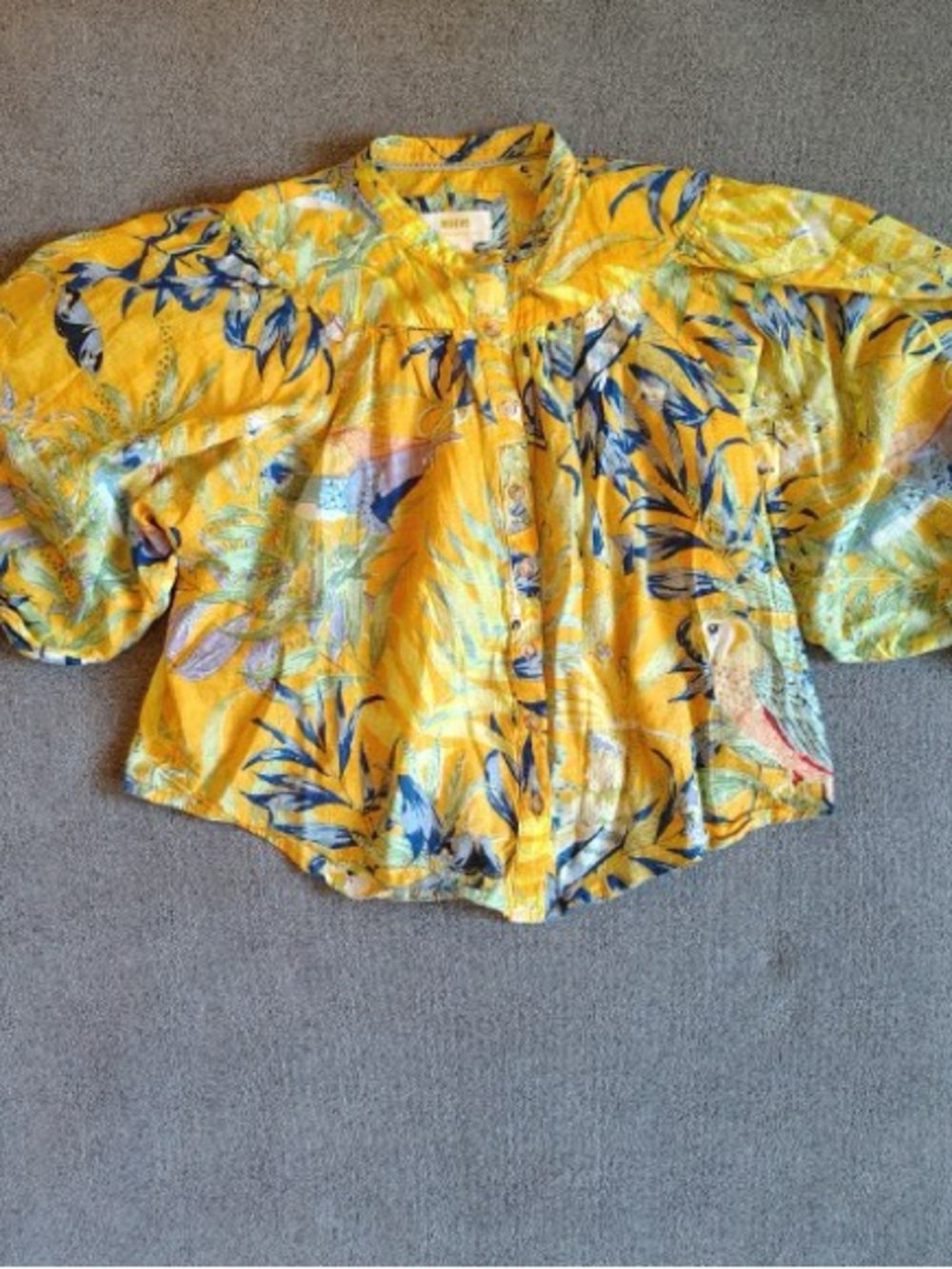 Maeve Anthropologie AOP Floral Tropical Top Women XSP Puff Sleeve Birds Vacation